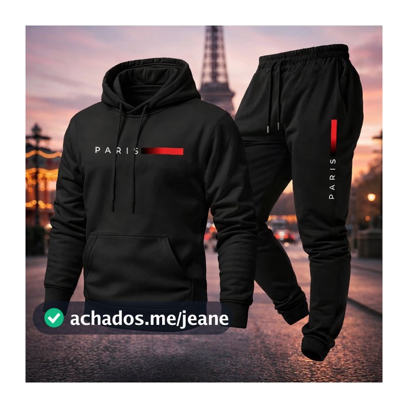 Conjunto Moletom Unissex Paris Calça e Blusa Com Capuz Bolso Canguru Masculino Feminino Algodão