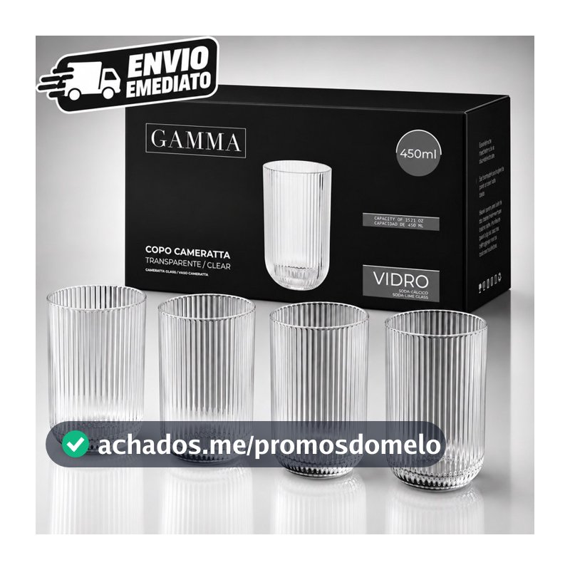 Jogo 4 Copos Canelados Cameratta 450ml de Vidro Transparente e Resistente