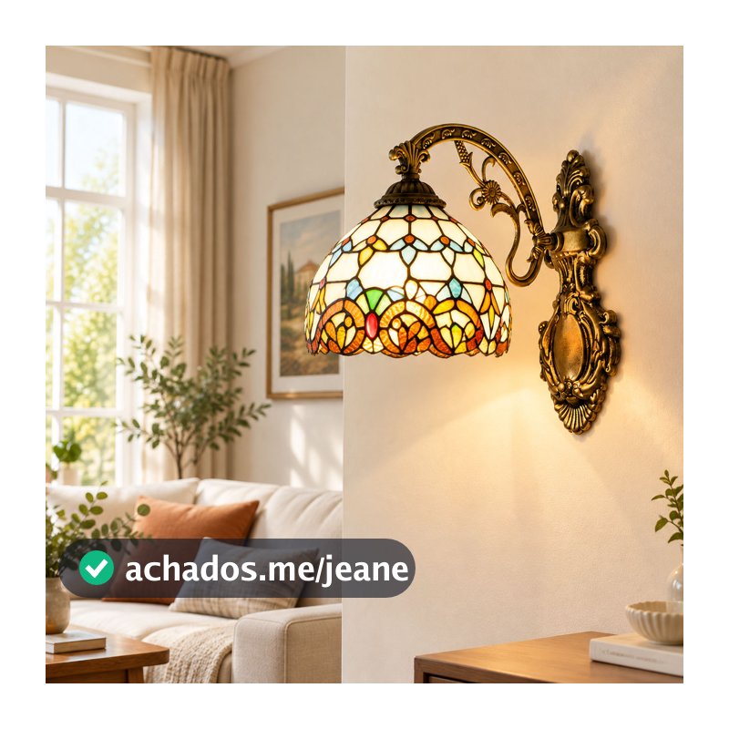 Luminária De Parede Vintage Com Vitral , Arandela Retrô Artesanal , Base De Bronze De 20cm Para Quarto E Sala De Estar
