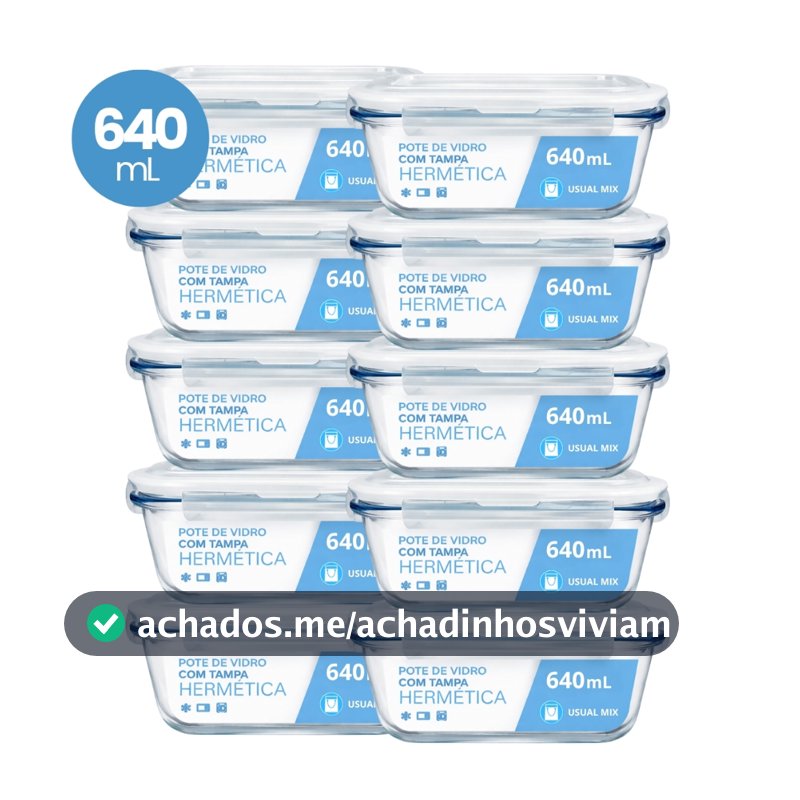 Kit 10 Pote Vidro Hermético Marmita 640ml Micro-ondas Freezer Forno Organização Geladeira