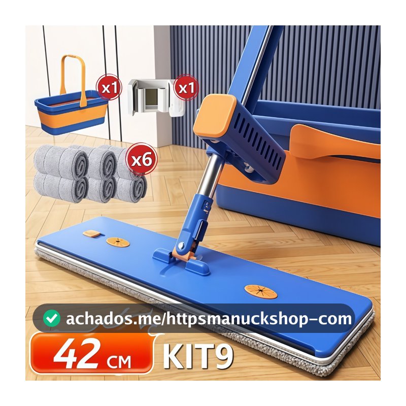 KIT 9 Esfregão Lazy Mop Seco Molhado Absorvente Dobrável com Balde Raspador Não Precisa Enxaguar