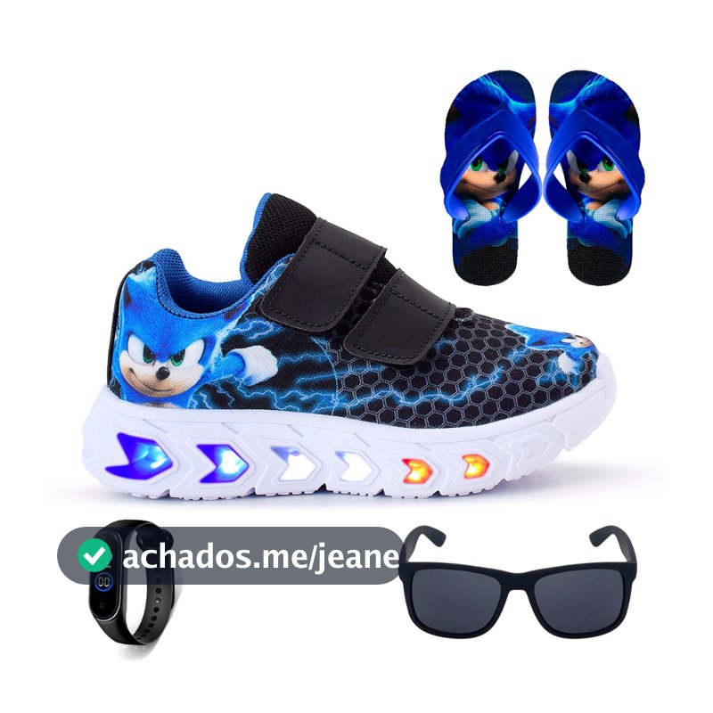 Kit Tenis Masculino Infantil De Led Meninos Sonic Preto Royal Velcro + Chinelo + Óculos + Relógio GeG Magazine