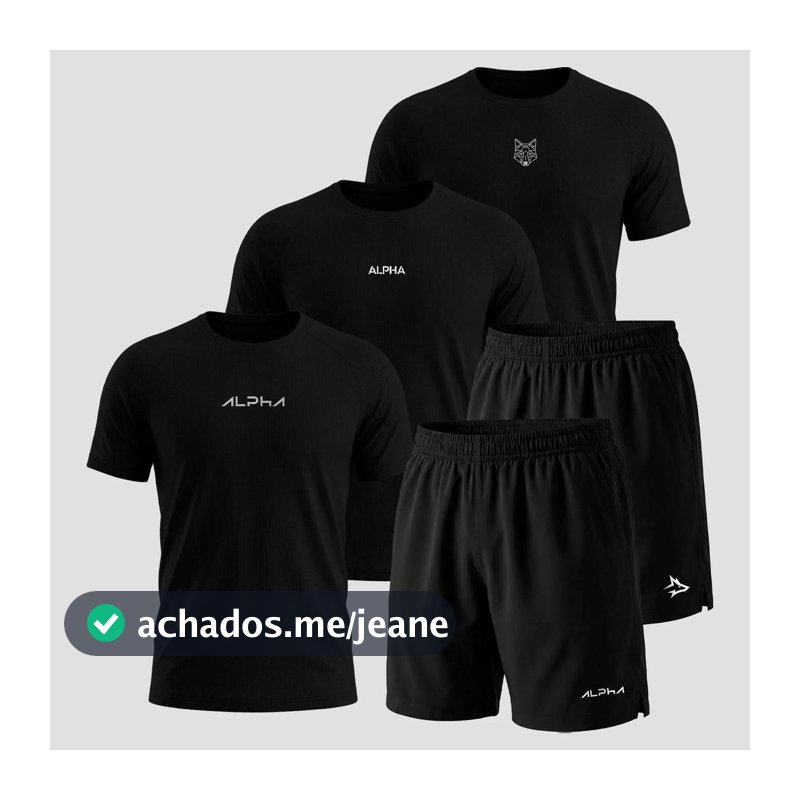 Kit 5 Peças All Black Dry 3 Camisetas e 2 Bermudas Alpha Co