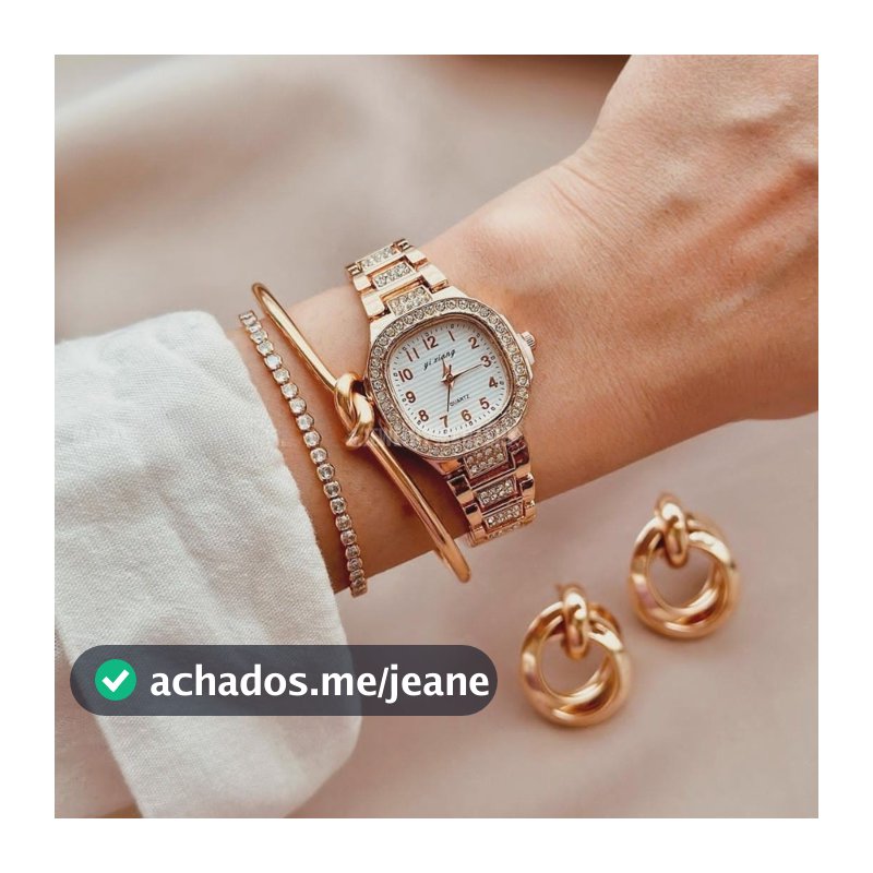 Kit Conjunto Relógio Feminino Dourado com Bracelete Pulseira e Brincos Acessórios Femininos Relogio