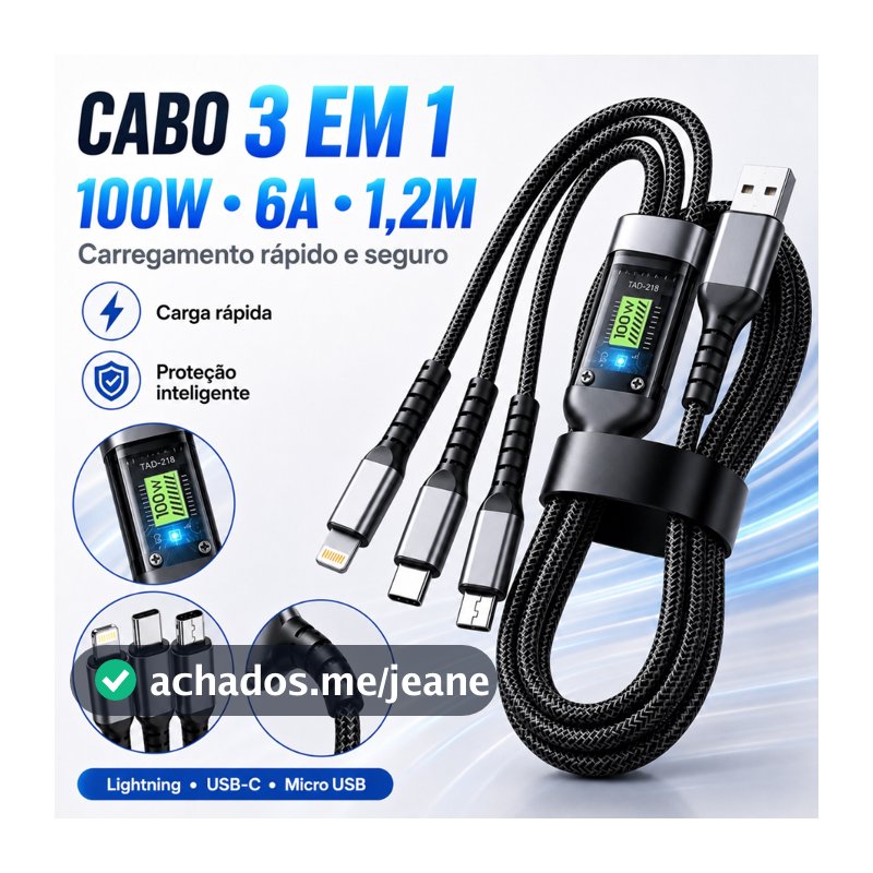 Cabo De Carregador 3 Em 1 100W 6A Tipo C Lightning Micro USB Carga Rápida Liga De Zinco 1,2M