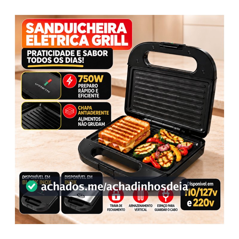 Sanduicheira Elétrica Luxe Grill Inox Antiaderente 750w 2 Em 1 Termostato Automático Compacta Chapa