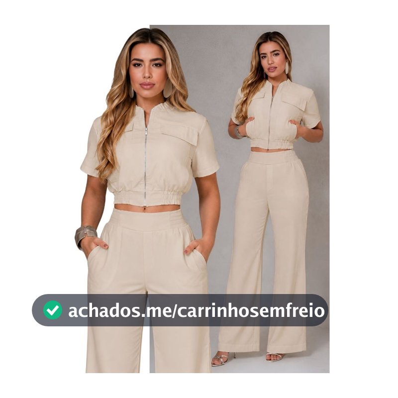 Conjunto Feminino 2 Peças Jaqueta Bomber Cropped Zíper + Calça Pantalona Alfaiataria Cintura Alta Marant