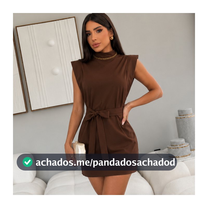 Vestido Feminino Curto de Alfaiataria Gola Alta com Cinto Ombros Estruturados para Festa P ao GG