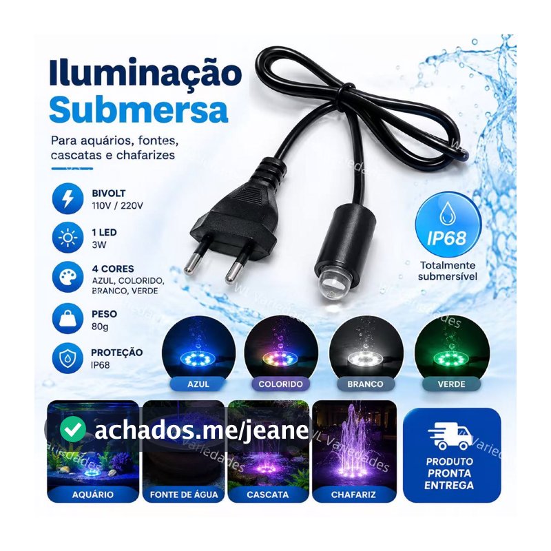 Luminária Submersa 1 Led, Multicolorido, 4 Cores Led para aquário, fonte de água, cascata, 110V/220V