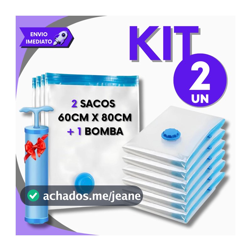 Kit 2 Sacos de Armazenamento a Vácuo 60x80cm + Bomba Manual para Casa e Viagem