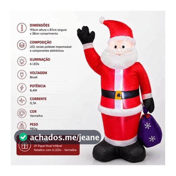 Papai Noel Inflável 1,93m com 6 LEDs Natal Decoração Jardim Fachada Festa Noël Magnifique