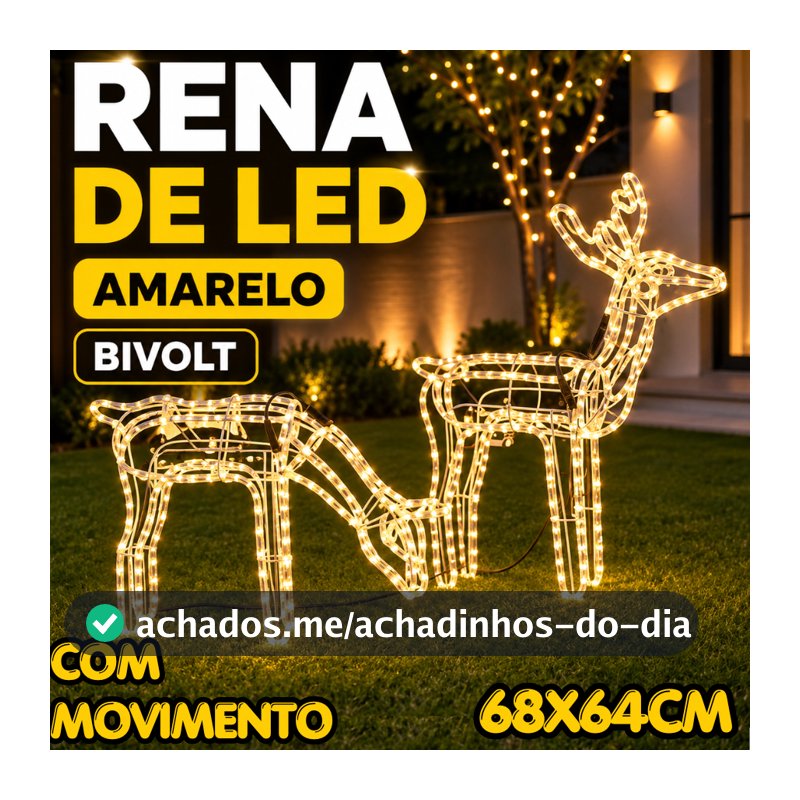 Rena De Led Pequena Com Movimento 68x64cm Bivolt Led Amarelo Decoração Natalina Enfeite Natal