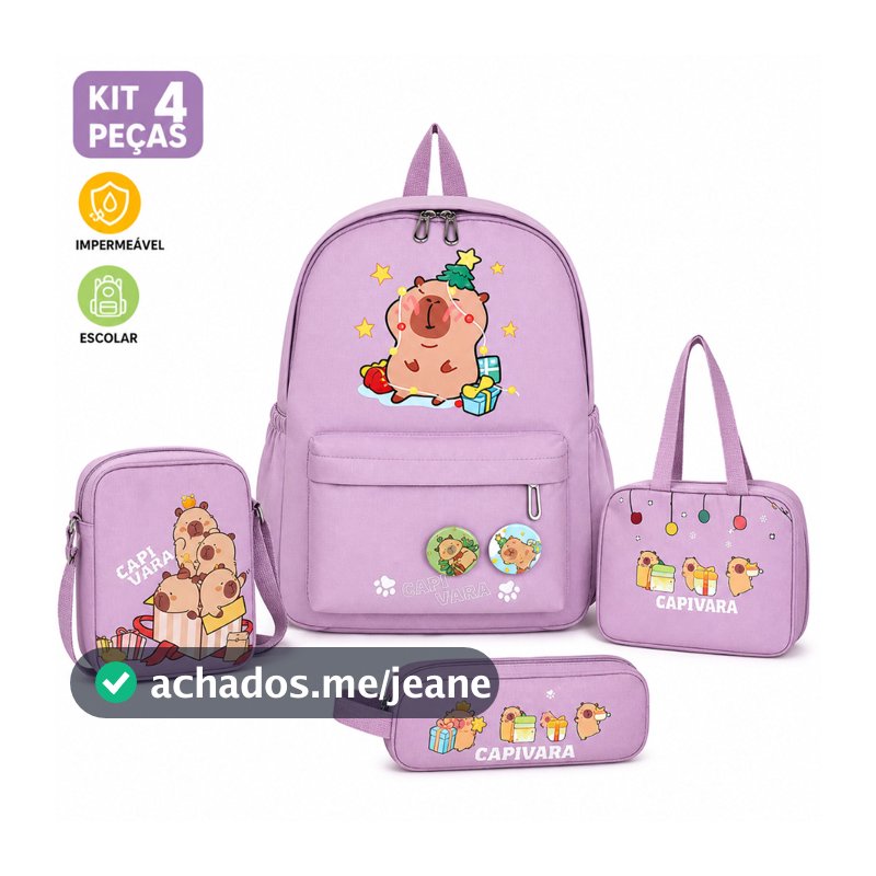 Kit 4 em 1 Mochila Escolar Capivara Impermeável Unissex Nylon Campus