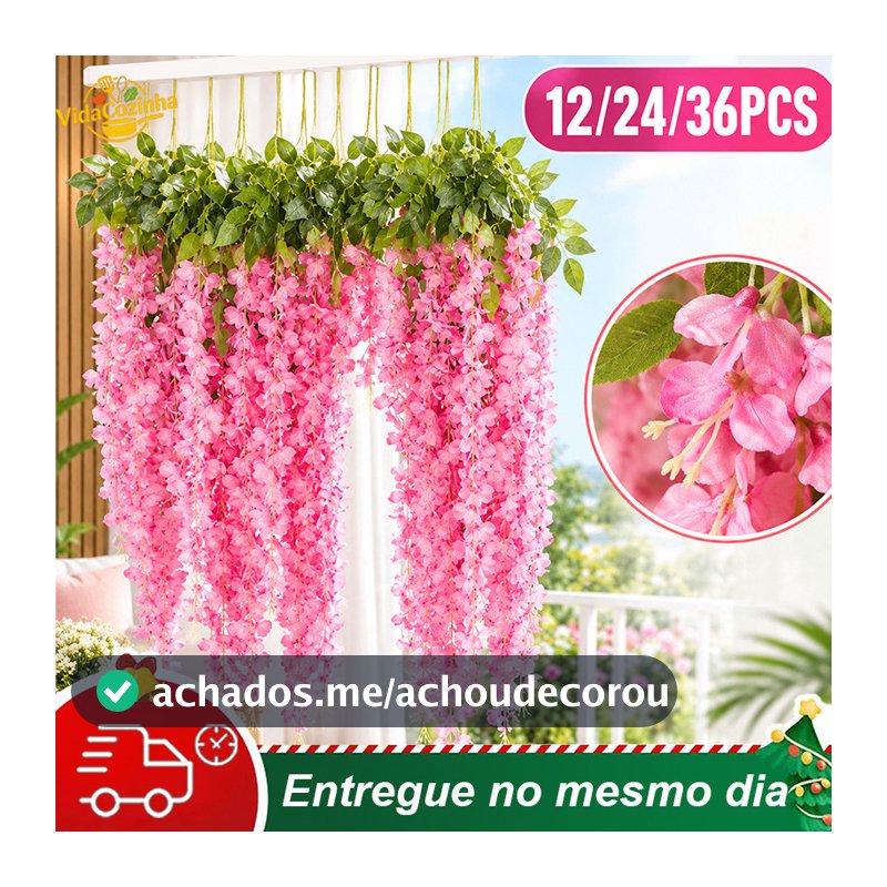 Kit 12/24/36 Ramos Flor de Cerejeira Artificial Grande Pendente para Decoração Rosa/Branco