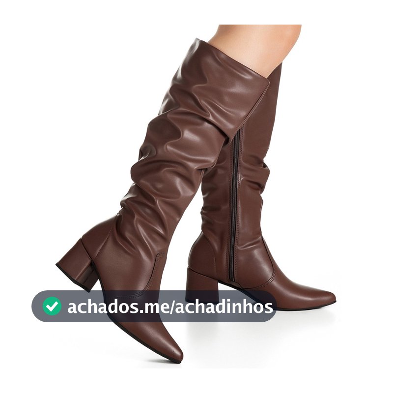 Bota Feminina GiGiL Cano Longo Enrugado Slouch Bico Fino Salto Bloco Médio Elegante Clássica Casual