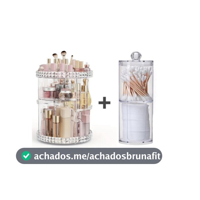 Kit Organizador Cosmético Maquiagem Acrílico Giratório 360º + Organizador Acrílico Porta Algodão E Cotonete 2 Em 1