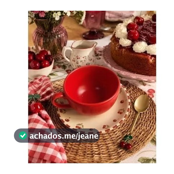 kit Xícara de Chá Amarena Cerejas 300ml | xícara Vermelha com Pires Decorado | Mesa Posta Delicada