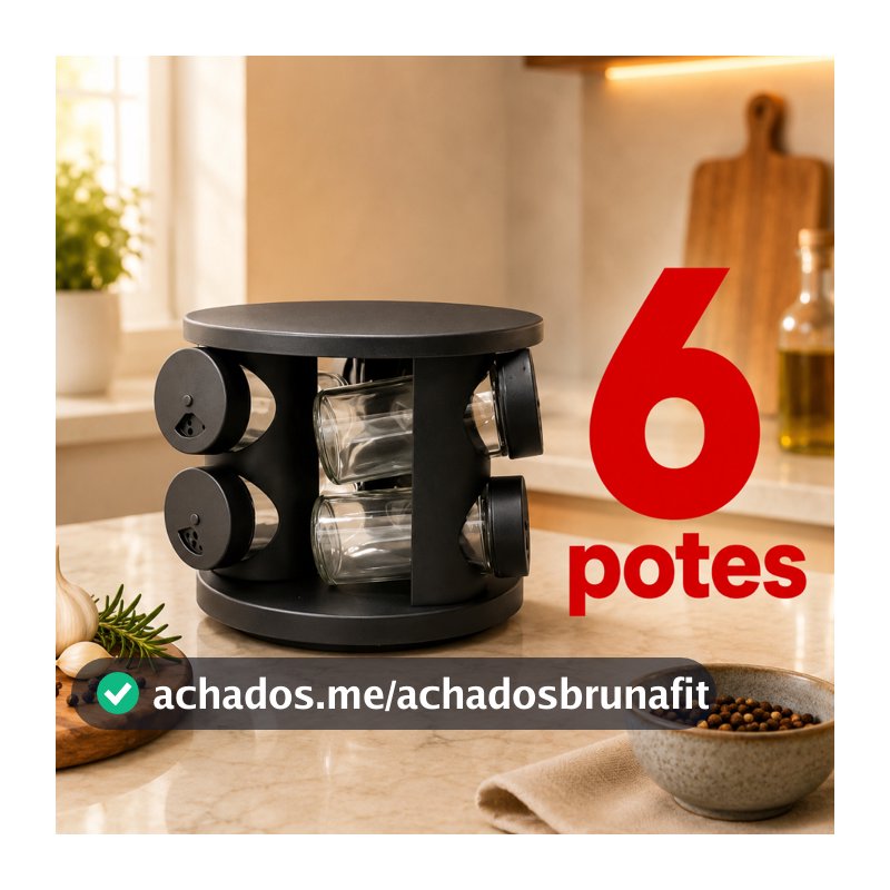 Porta Condimentos Giratório 360° com 6 Potes de Vidro – Organizador de Temperos Cozinha Preto