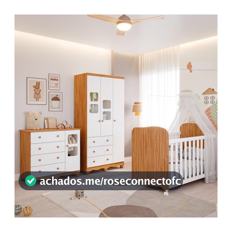 Quarto de Bebê Completo com Guarda Roupa 3 Portas Berço Americano Cômoda Uli 4 Gavetas 100%MDF
