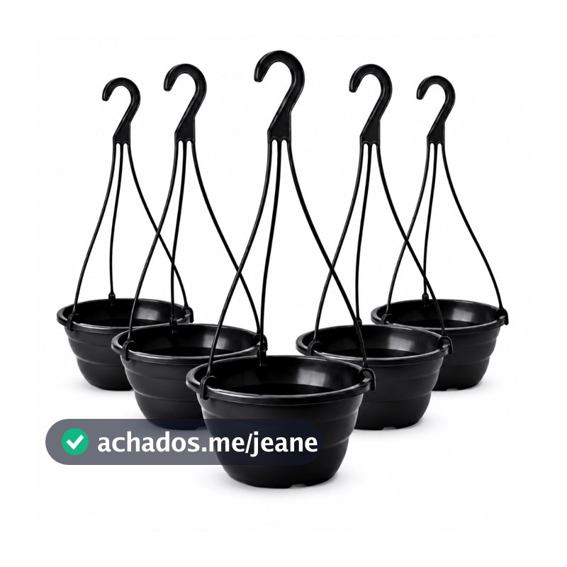 Kit 5 Vasos Cuia 21 Preta com Haste 40cm Reforçado Plantas Suspensas Vasos