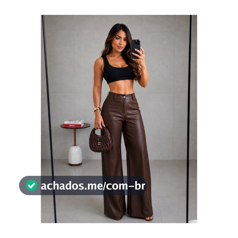 Calça Pantalona Feminina Couro Sintético Premium Wide Leg Cintura Alta