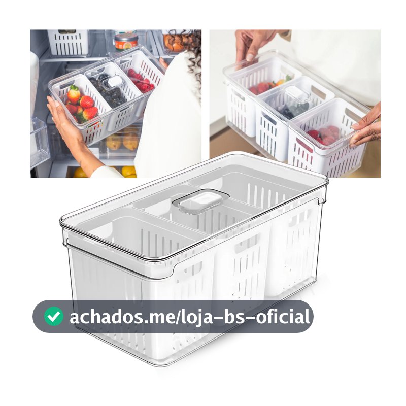 Organizador de Geladeira 5L com 3 Cestos Ou Natural Tampa Porta Frutas Legumes Vegetais Clear Fresh