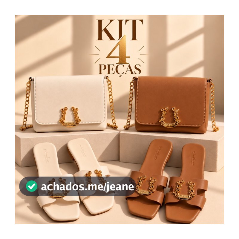 Kit 4 Peças Bolsas Femininas 2 Bolsa Glow + 2 Rasteirinha Glamour 04 Metal Versátil Confortável