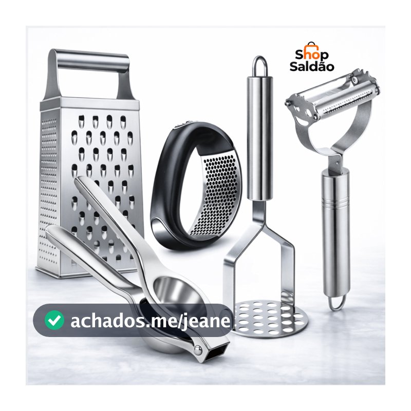 Kit Utensílios Inox 3 ou 5 Peças – Amassador, Espremedor, Descascador e Mais (Escolha a Variação)
