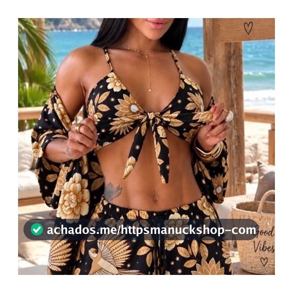 Conjunto Kimono Feminino 3 Peças Short Top com Bojo Viscolinho Casual Elegante Verão