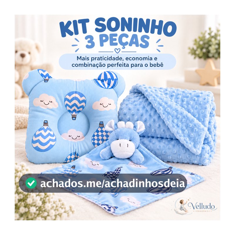 Kit Enxoval Bebê 3 Peças Manta Pipoquinha Naninha Porta-Chupeta Travesseiro Anatômico