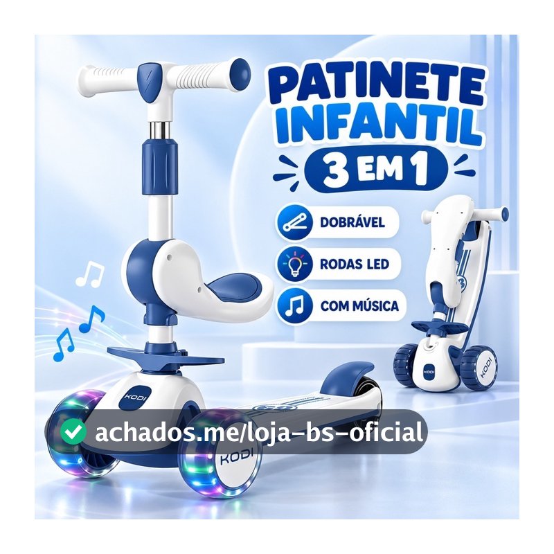 Patinete infantil dobrável 3 em 1 Assento e removível com LED e música suporta até 60 kg