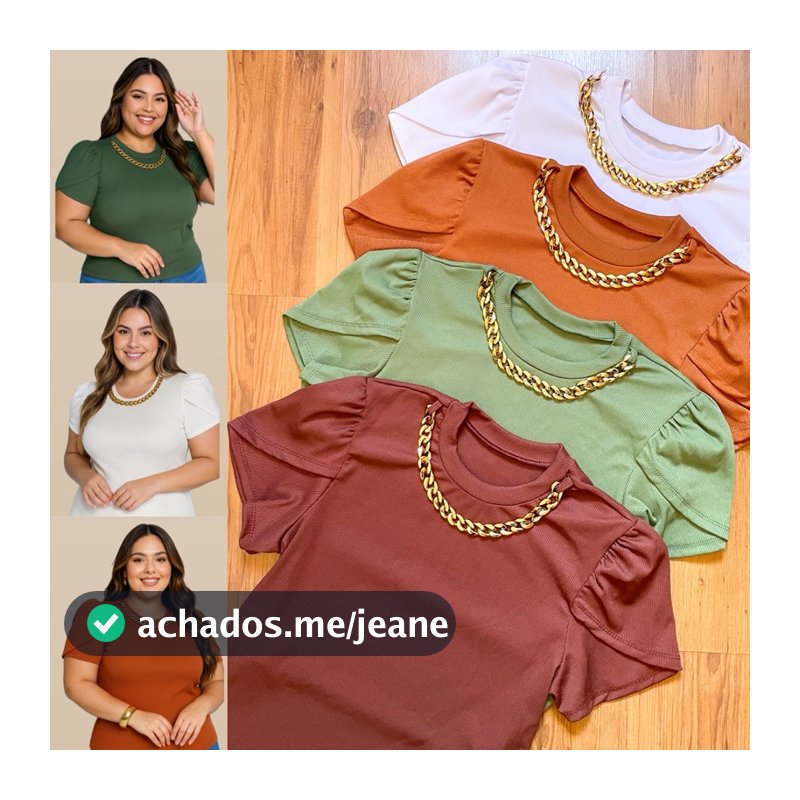 Blusa PLUS SIZE canelada ribana feminina corrente dourada manga bufante princesa elegante verão