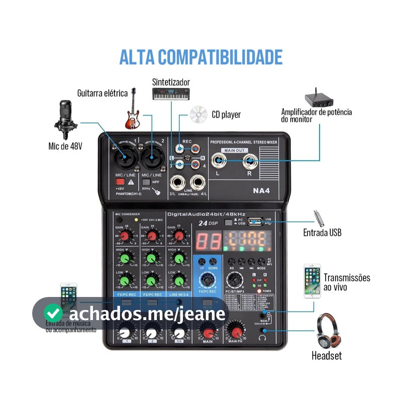 TEYUN 4 Canais Mixer De Áudio NA4 Console De Mixagem De Som 24 Efeitos DSP Portátil Profissional Entrada de computador