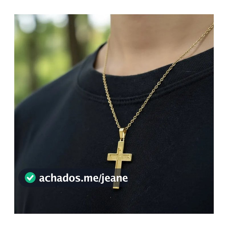 Colar Masculino com Pingente Cruz Oração Pai Nosso Aço Inox Dourado 50cm