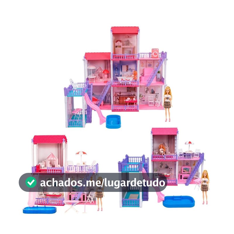 Casinha de Boneca Grande Brinquedo Infantil com Piscina Móveis Removíveis e Boneca Articulada 30cm Maxi Toys
