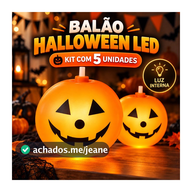 Balão Abóbora de Halloween com Luz LED Interna – Kit com 5 Unidades Inflável 20cm