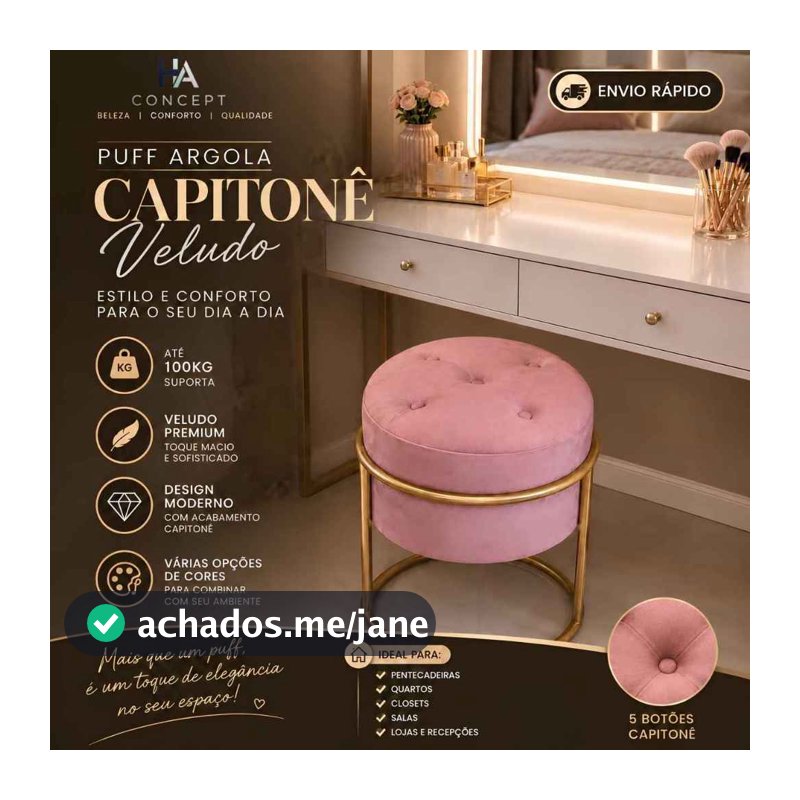 Puff redondo capitonê Decorativa com Argola de Ferro Dourado – Ideal para Quarto, Sala e Penteadeira