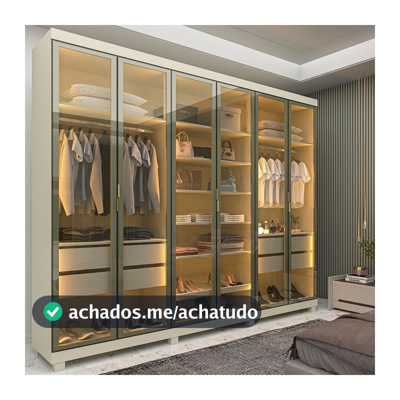 Guarda-Roupa Casal 6 Portas, com 6 Portas Reflecta com Pés com LED Imperatriz 100% MDF Yescasa Off White Off White