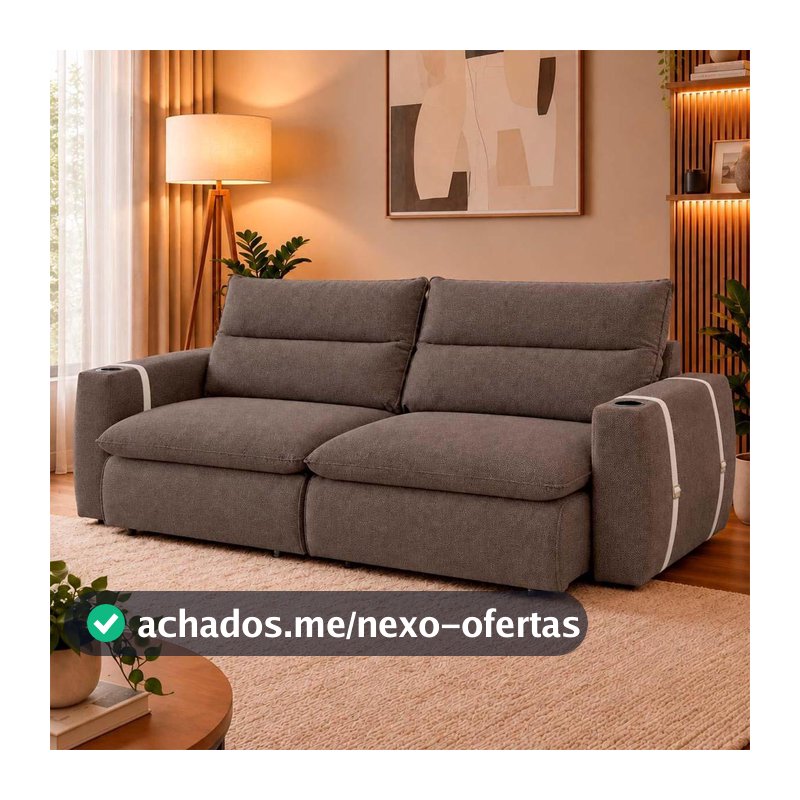 Sofá Retrátil Reclinável Lugano 2,20m USB e Porta Copos Linho Marrom - King House