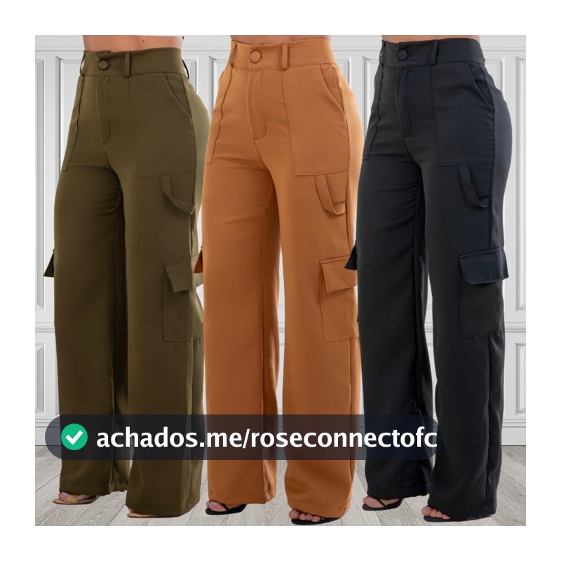 Calça Alfaiataria Social Feminina Pantalona Cargo Wide Leg Bolsos Cós Alto