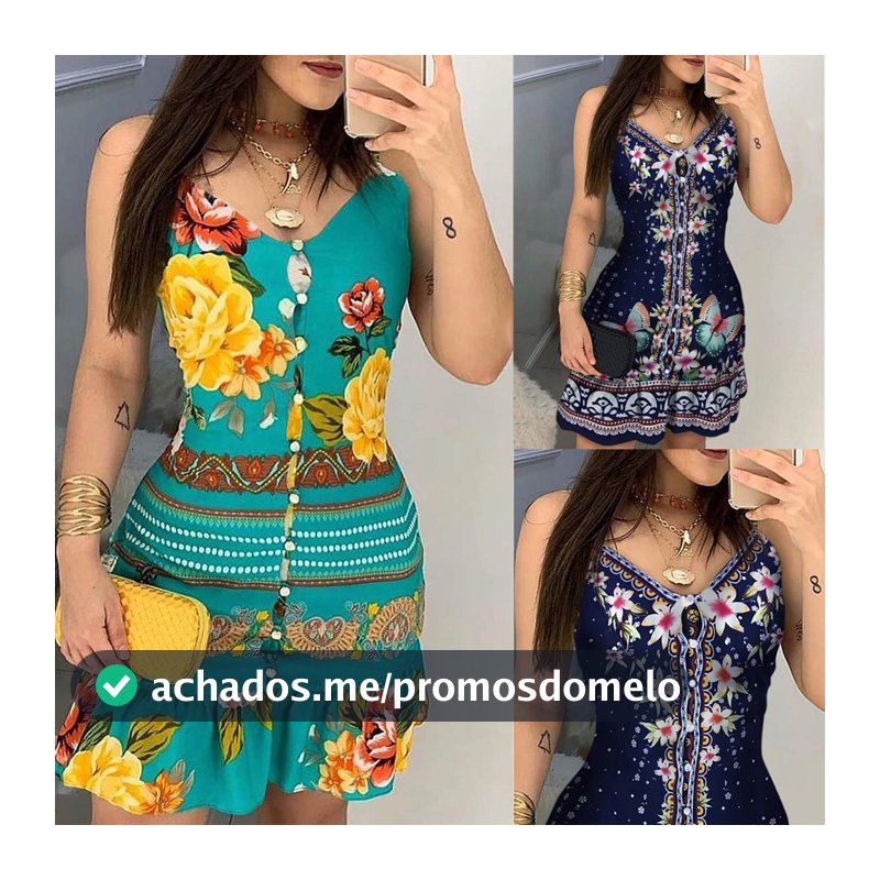 Mini vestido curto alcinha feminino sem mangas boho floral estampa botão até babados Uma linha S-3XL