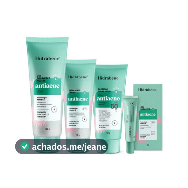 Kit Antiacne Hidrabene - Gel de Limzeza + Esfoliante + Protetor Solar + Gel Secativo