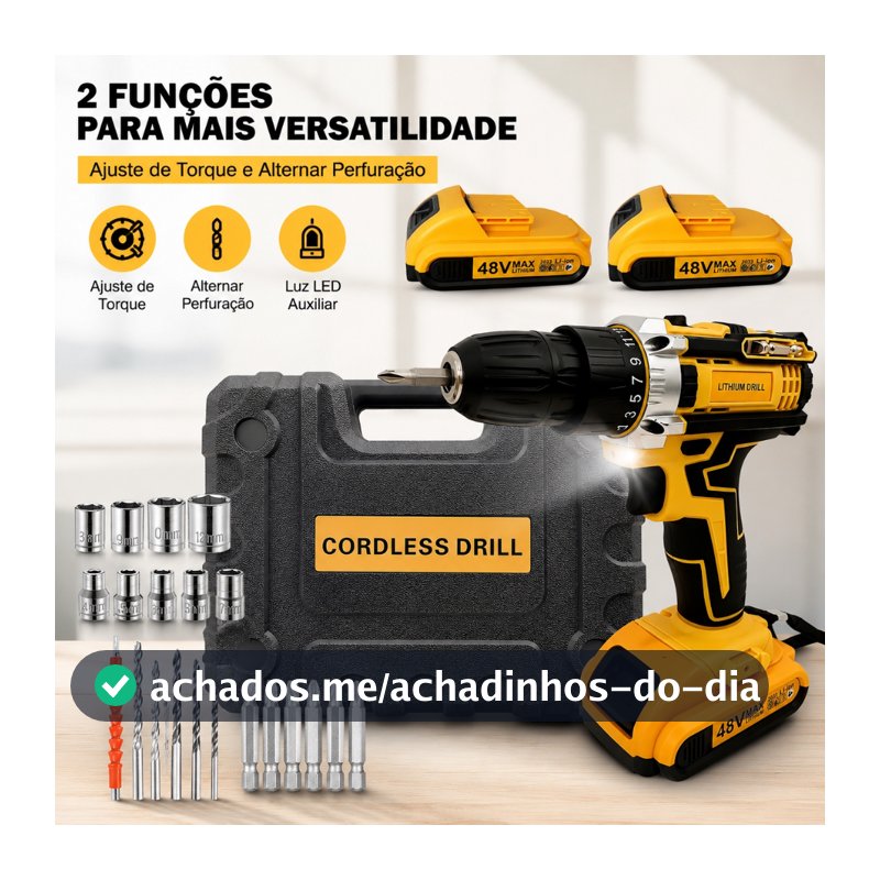 Parafusadeira Furadeira 48V Íon-Lítio Sem Fio, 2 Baterias, Maleta Resistente e Kit Completo de Acessórios