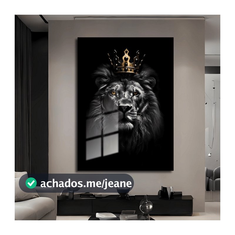 Quadro Decorativo Grande Leão Rei com Coroa Dourada Luxo Sala Quarto