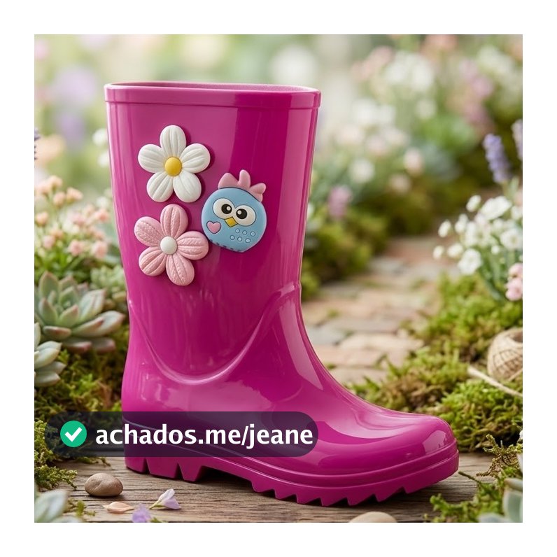 Galocha Infantil Feminina R Rosa Impermeável com Flores | Bota de Chuva Antiderrapante para Menina