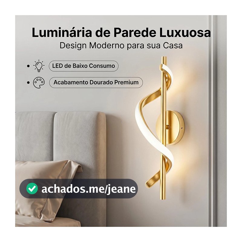 Arandela LED Espiral 40cm Dourado 10W 3000K Bivolt Parede Moderna – NÃO Recarregável / precisa ligar na tomada