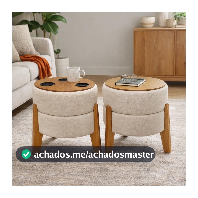Puff Decorativo 2 em 1 c/ porta copos e pés de madeira maciça