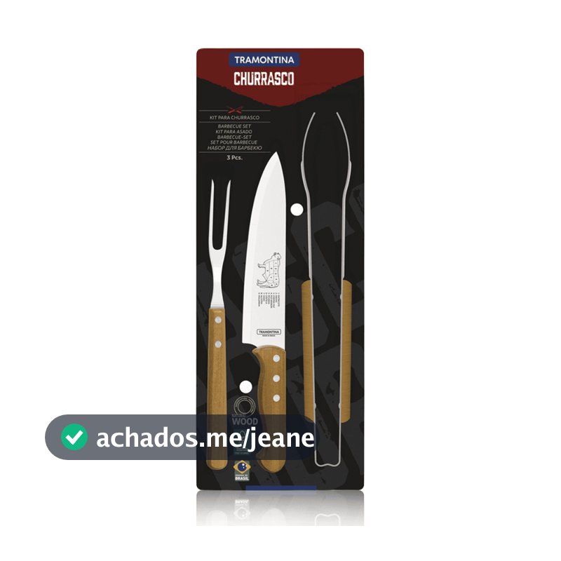 Kit Churrasco Completo Conjunto Trinchante 3 Peças Tramontina Cabo de Madeira Pegador Garfo Faca