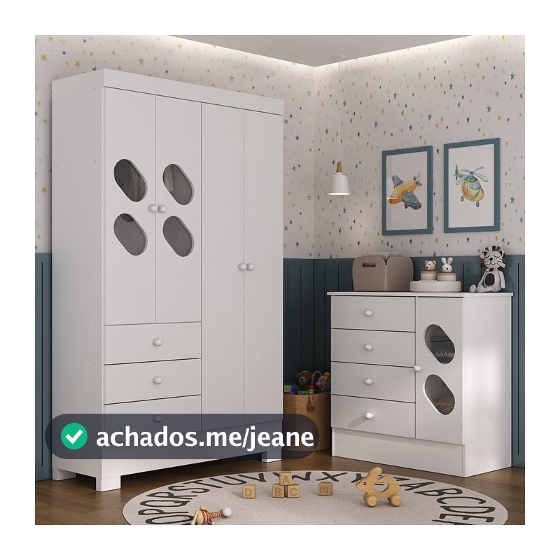Quarto Infantil / Juvenil com Guarda Roupa e Cômoda Stella Branco