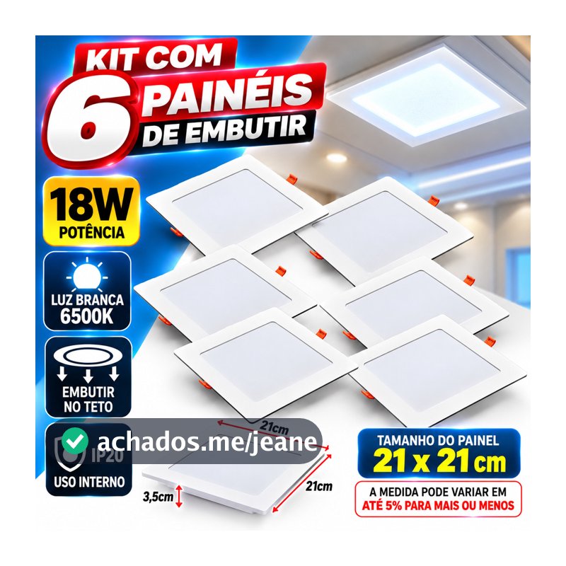 6 Painel Led 18w Quadrado Embutir 6500K Comércio Casa Avant